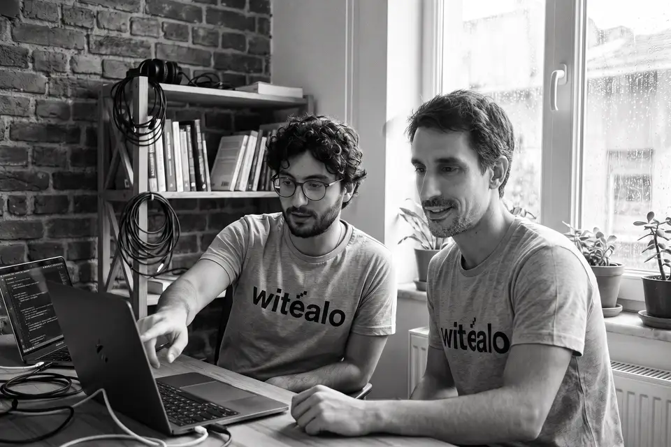 Escena editorial: Barış señala código en el portátil mientras Alex lo mira, en un estudio con pared de ladrillo, estanterías y ventana