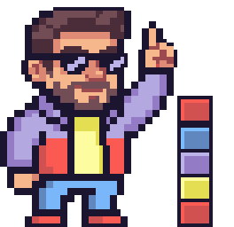 Wite, en pixel art, coloca la última pieza sobre una torre de bloques de colores