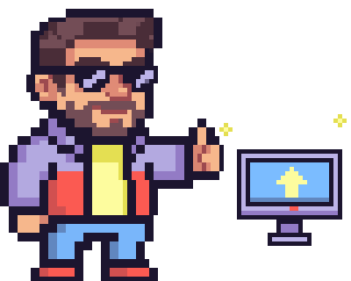 Wite, en pixel art, levanta el pulgar junto a una pantalla con una flecha de mejora